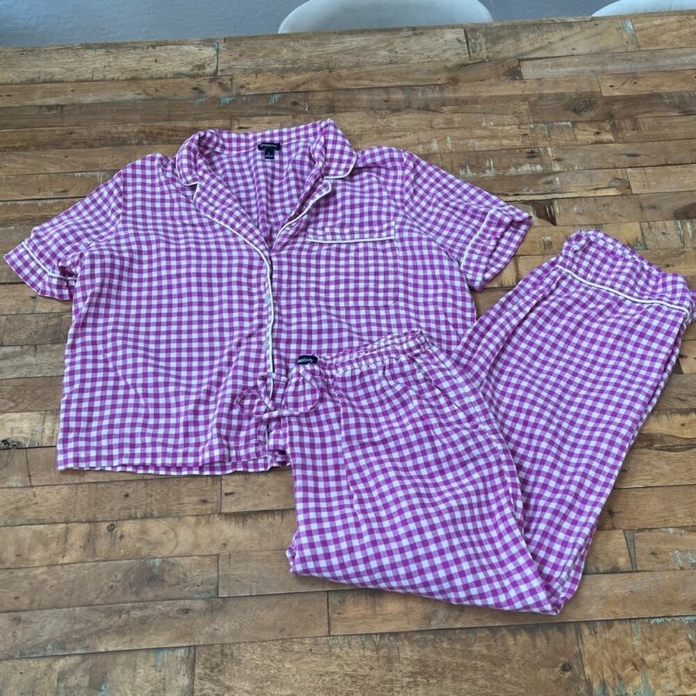 GapBody Linen Blend Pink Gingham Pajama Set Womens Size Large Top & Medium Pants
